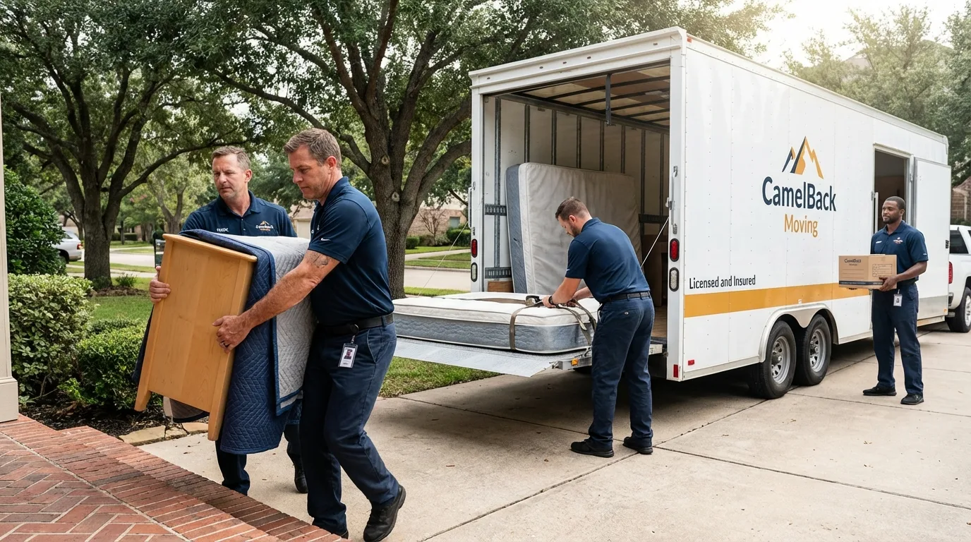 Crew loading residential truck for cross-state move from Rosepine, LA