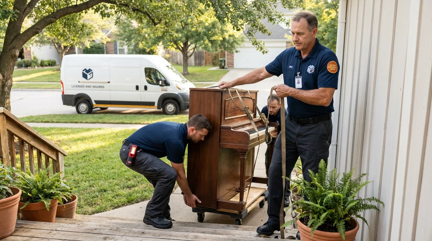 Licensed piano movers securing grand piano in Rosepine, LA