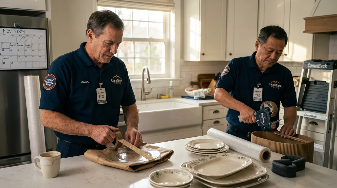 Professional crew packing kitchen dishware in Rosepine, LA